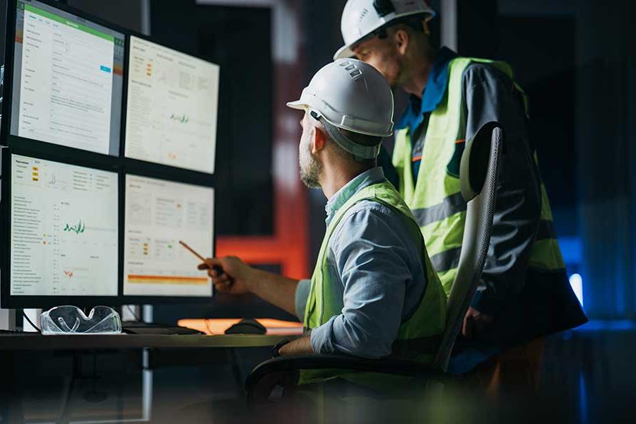 Construction individuals in front of a computer